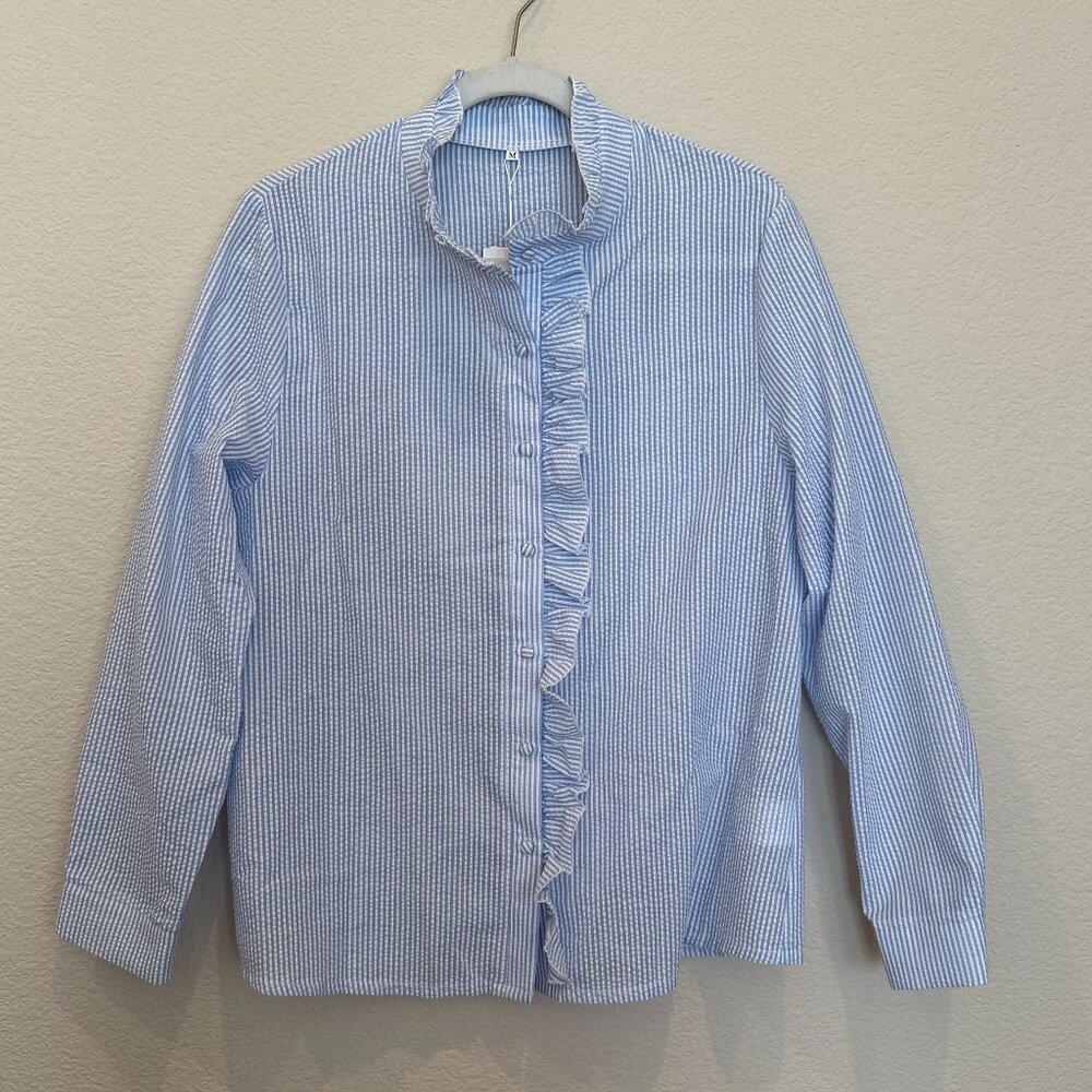 EI Town Blue and White Stripe Seersucker Blouse